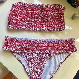 Tory Burch ruffle trimmed shirred printed mid rise bikini